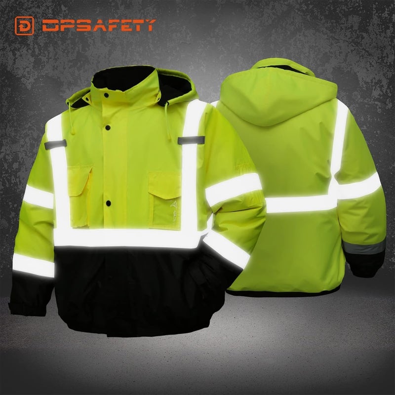 DPSAFETY Safety jacket for men,Reflective high Visibility Hooded jacket,Hi-Vis Bomber Jacket with Pockets and Zipper,Waterproof,Black Bottom,ANSI/ISEA 107-2020 Type R Class 3,Lime - Image 4